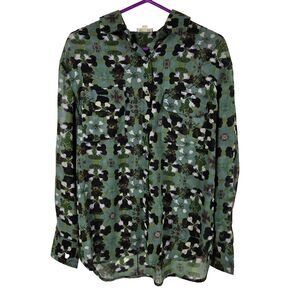 Elan Women's Size Small Green Floral Sheer Button Up Long Sleeve Top